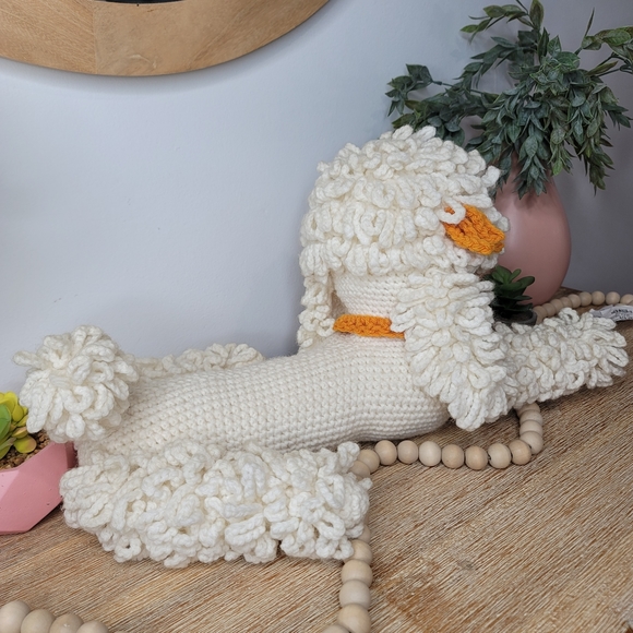 Hand made knit crochet stuffed poodle stuffed white poodle dog with bows. 20" - Picture 6 of 9